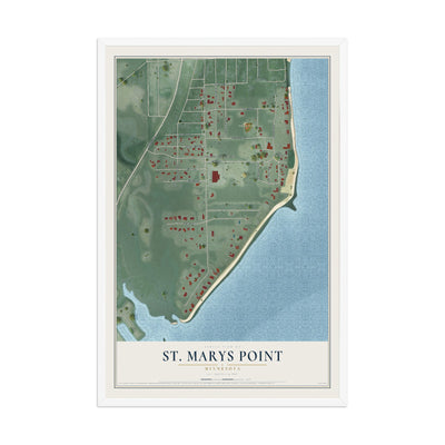 Map of St. Marys Point, Minnesota, 12 x 18 inch print in a white wood frame