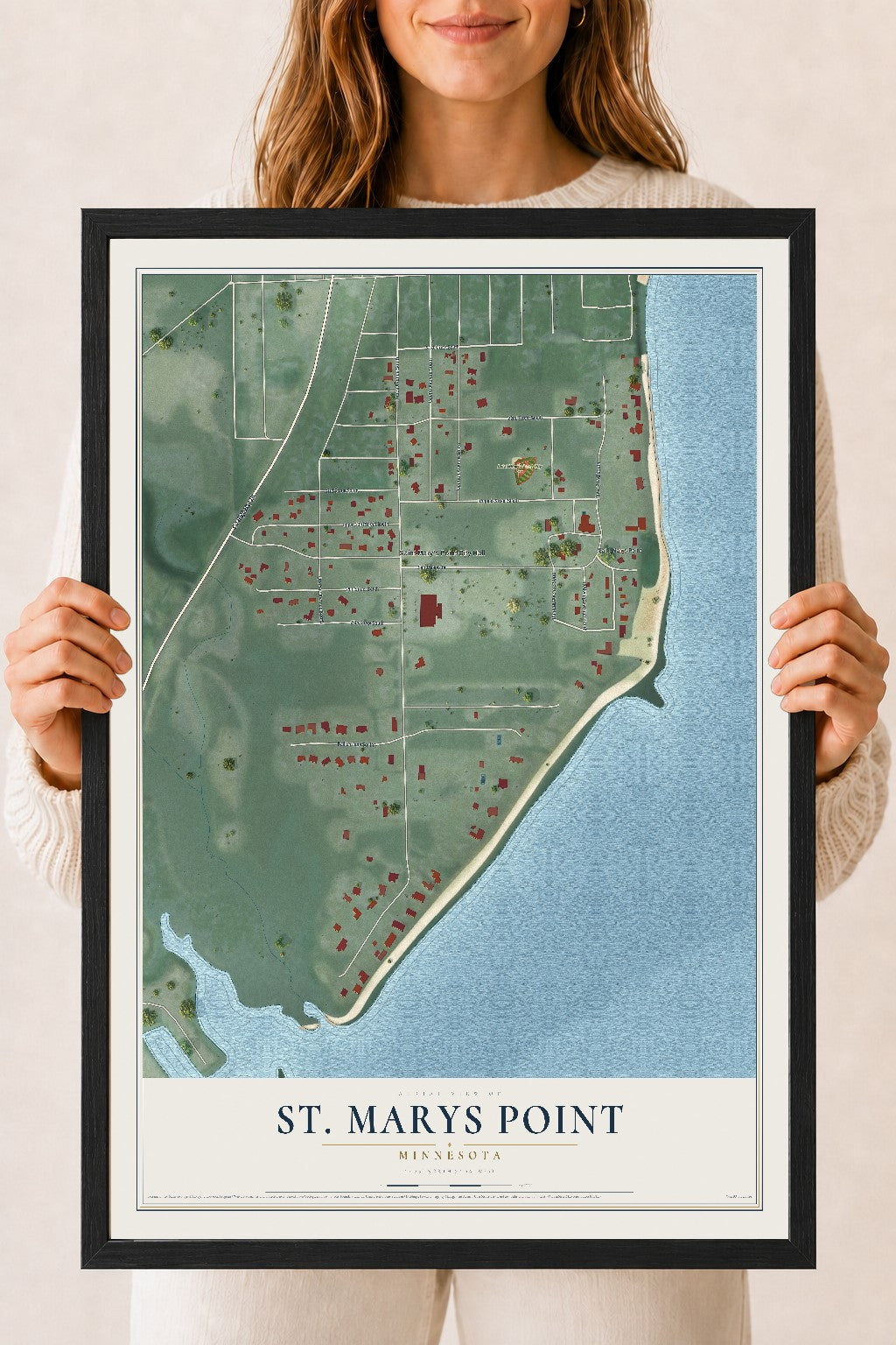 Map of St. Marys Point, Minnesota, 18 x 24 inch print in a black wood frame