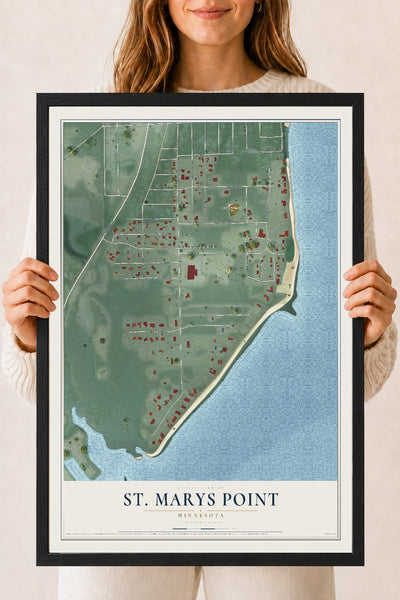 Map of St. Marys Point, Minnesota, 18 x 24 inch print in a black wood frame