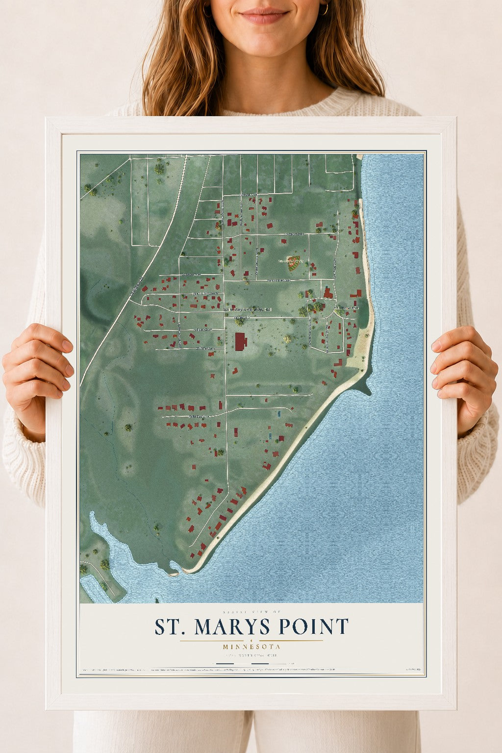 Map of St. Marys Point, Minnesota, 18 x 24 inch print in a white wood frame