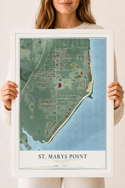Map of St. Marys Point, Minnesota, 18 x 24 inch print in a white wood frame
