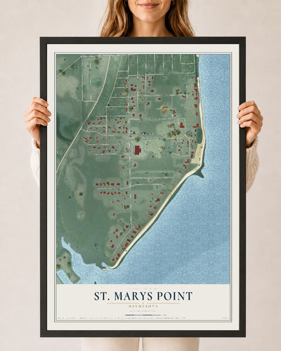 Map of St. Marys Point, Minnesota, 24 x 36 inch print in a black wood frame