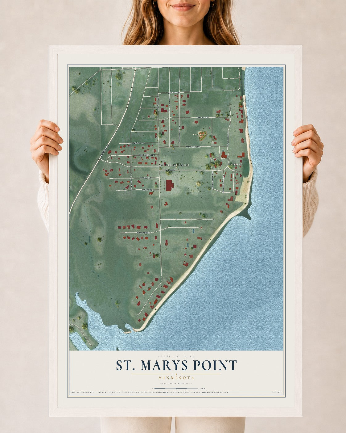 Map of St. Marys Point, Minnesota, 24 x 36 inch print in a white wood frame