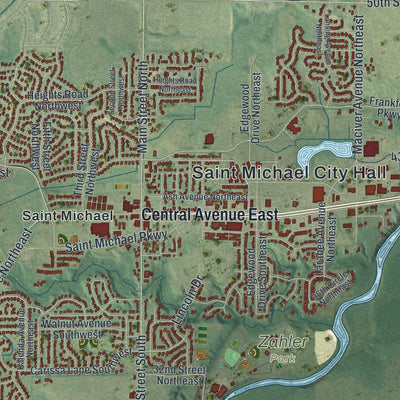 Close-up of the map of St. Michael, Minnesota print showing street and building detail
