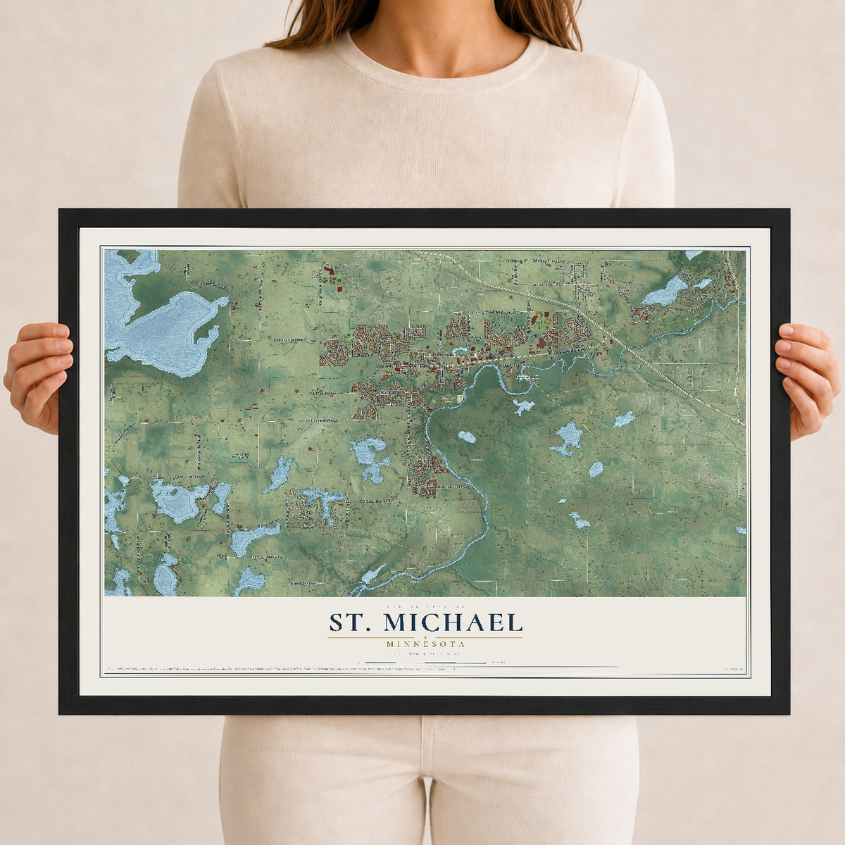 Map of St. Michael, Minnesota, 12 x 18 inch print in a black wood frame