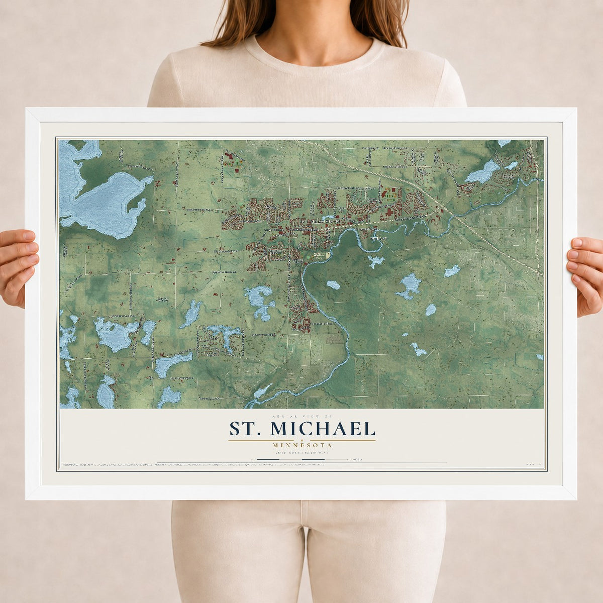 Map of St. Michael, Minnesota, 18 x 24 inch print in a white wood frame