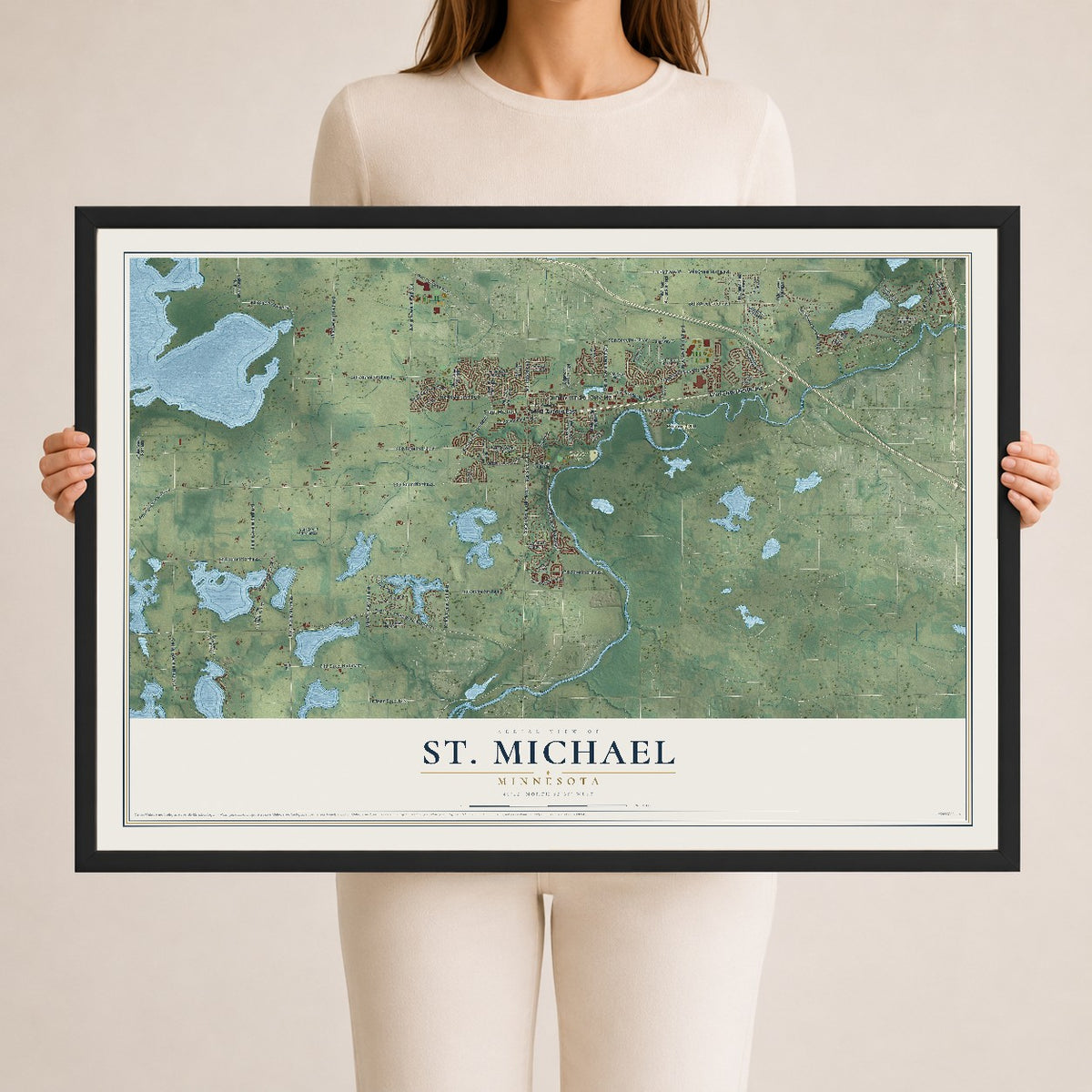 Map of St. Michael, Minnesota, 24 x 36 inch print in a black wood frame
