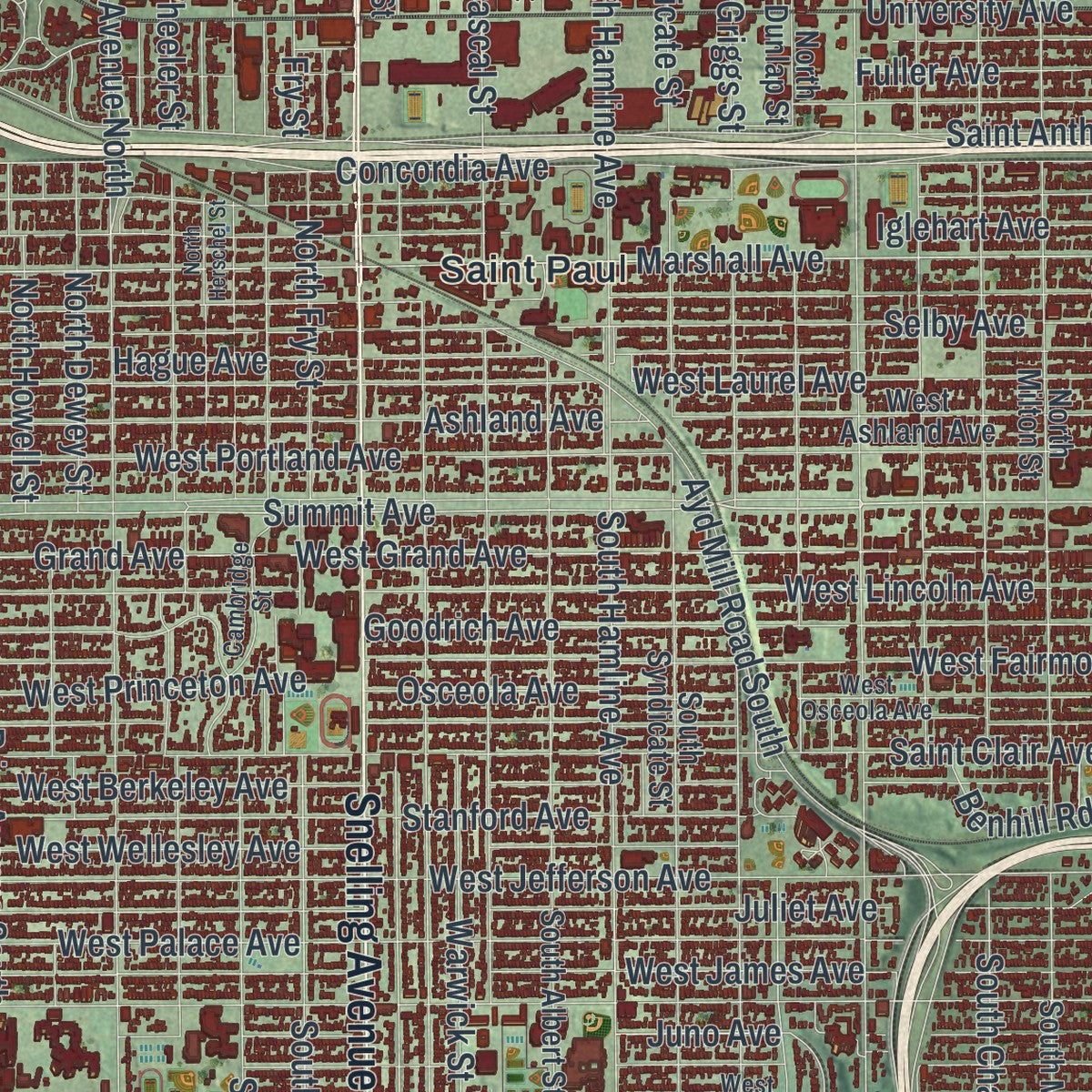 Close-up of the map of St. Paul, Minnesota print showing street and building detail