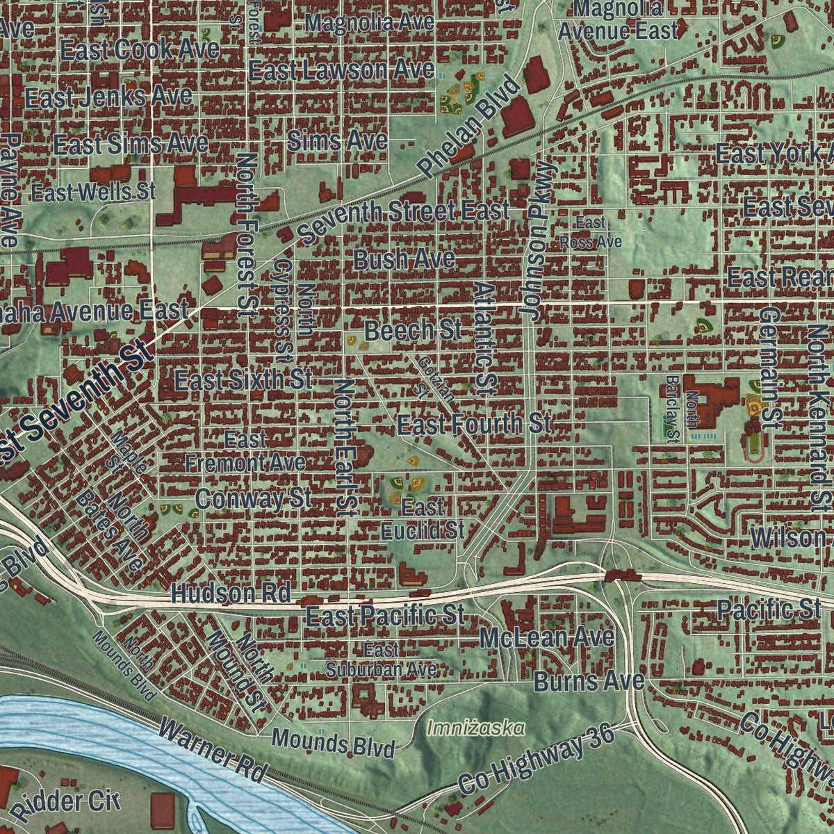 Second close-up of the map of St. Paul, Minnesota print showing more streets and buildings