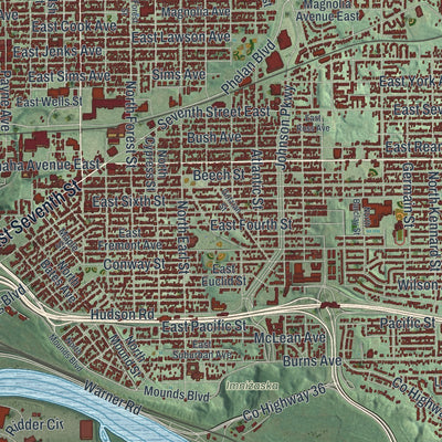 Second close-up of the map of St. Paul, Minnesota print showing more streets and buildings