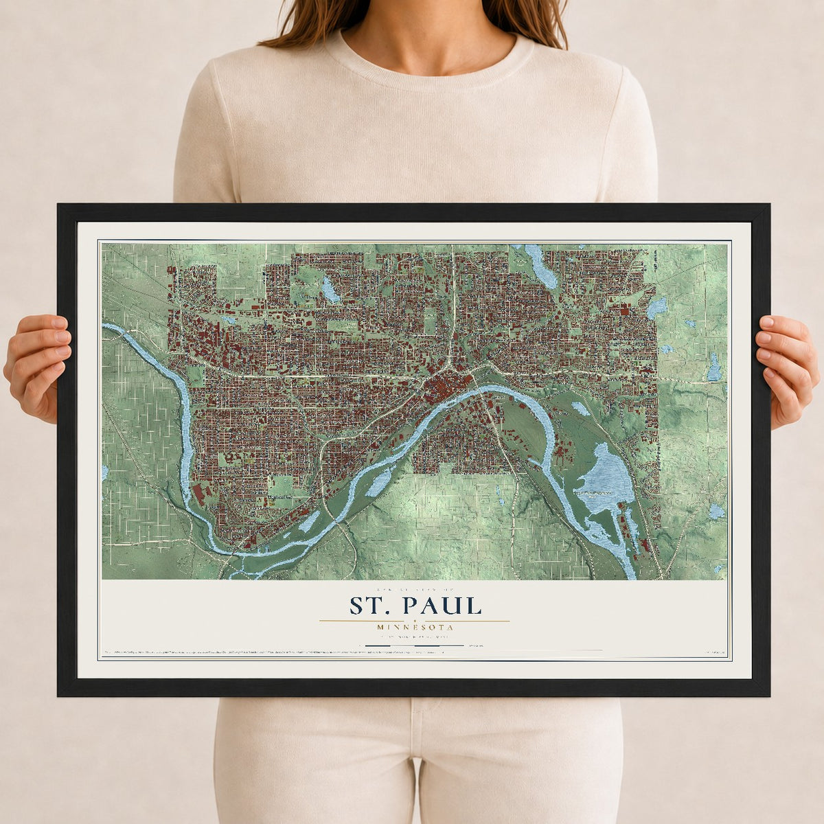 Map of St. Paul, Minnesota, 12 x 18 inch print in a black wood frame