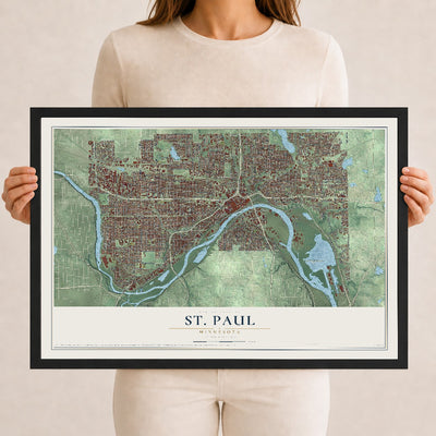 Map of St. Paul, Minnesota, 12 x 18 inch print in a black wood frame