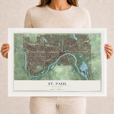 Map of St. Paul, Minnesota, 12 x 18 inch print in a white wood frame