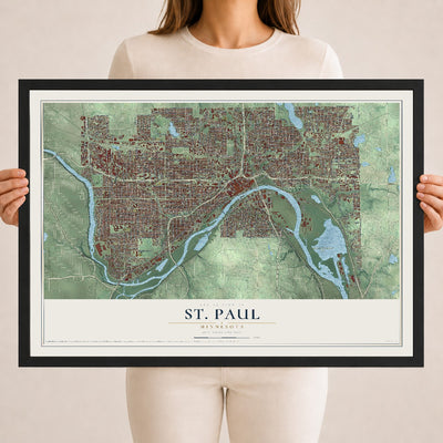 Map of St. Paul, Minnesota, 18 x 24 inch print in a black wood frame