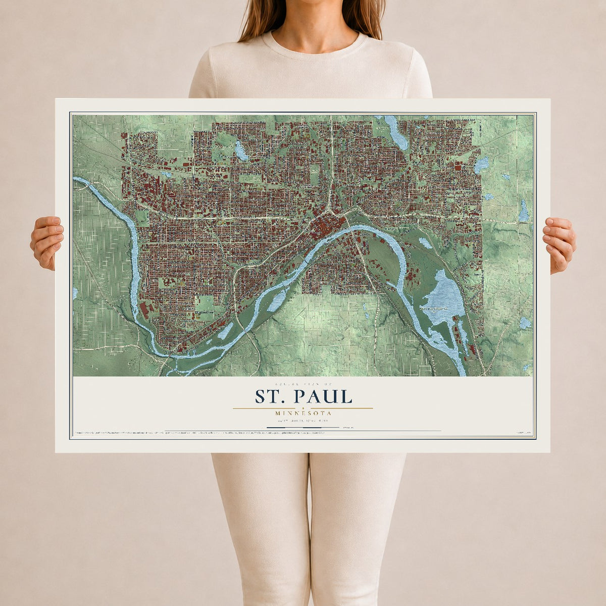 Map of St. Paul, Minnesota, 24 x 36 inch unframed archival matte print