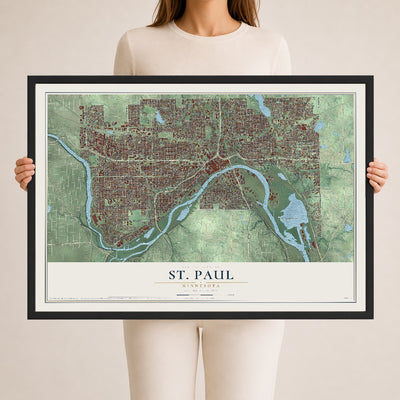 Map of St. Paul, Minnesota, 24 x 36 inch print in a black wood frame