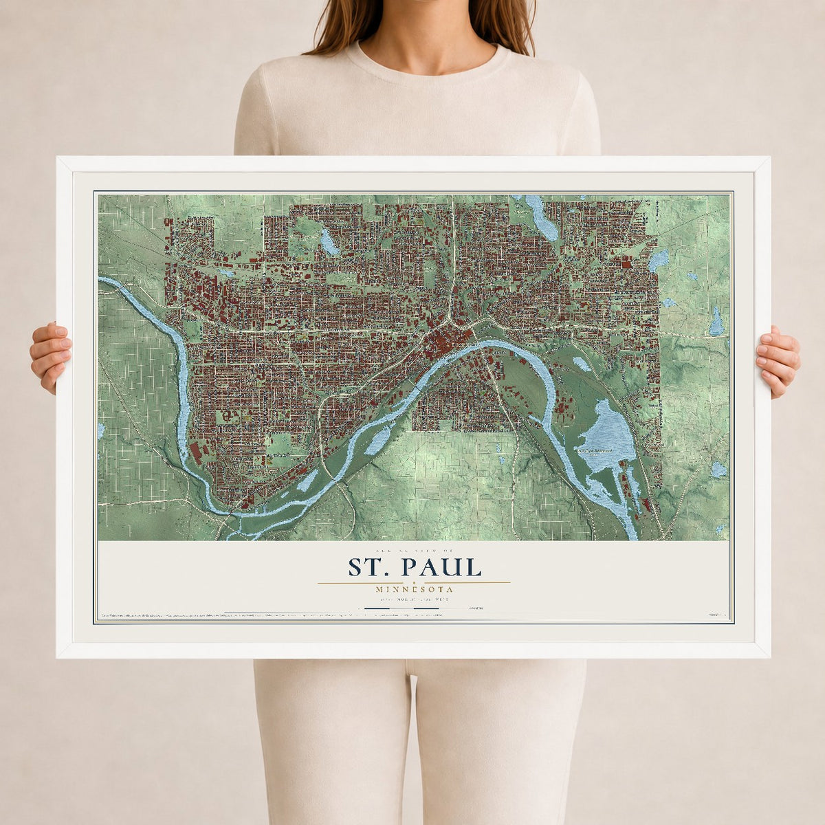 Map of St. Paul, Minnesota, 24 x 36 inch print in a white wood frame