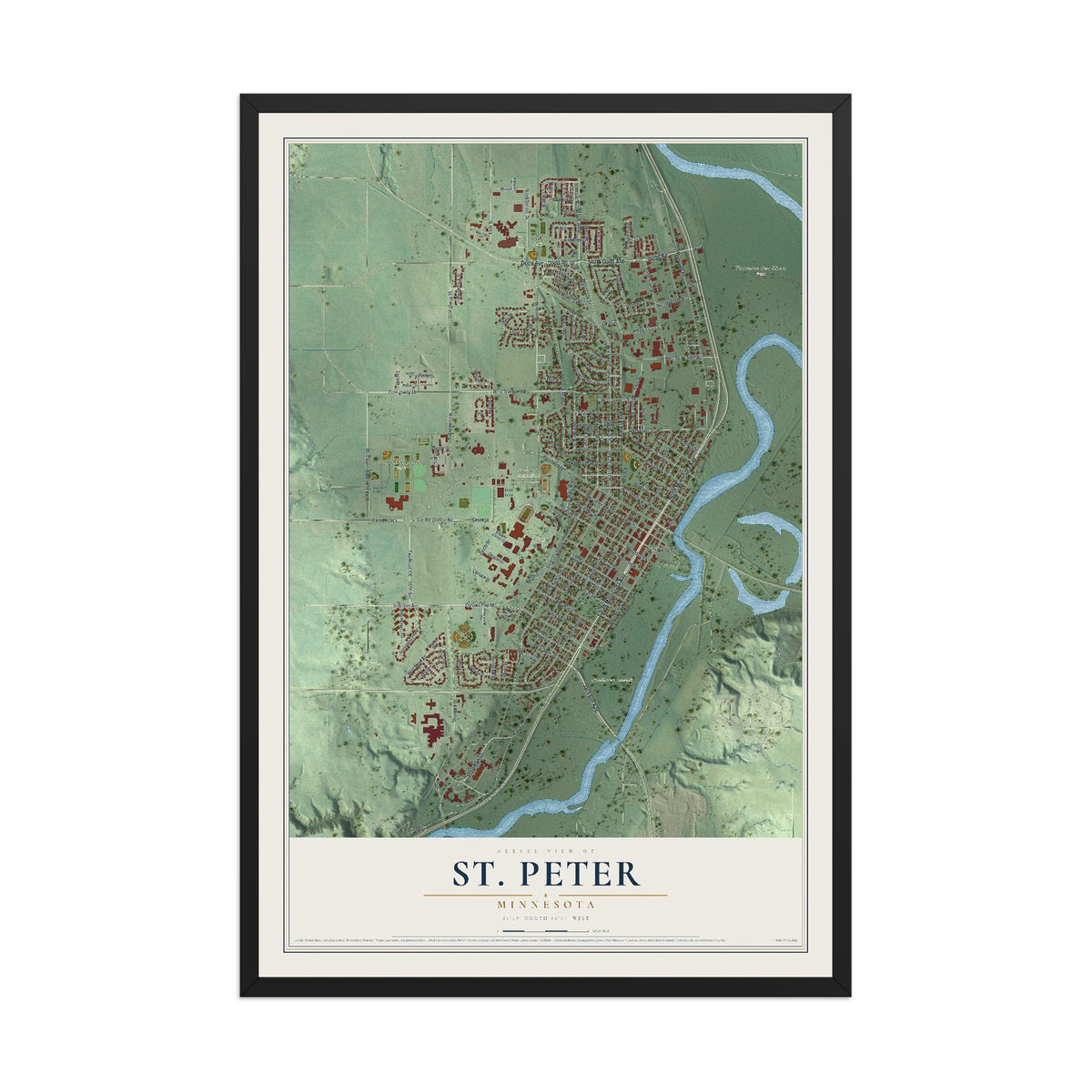 Map of St. Peter, Minnesota, 12 x 18 inch print in a black wood frame