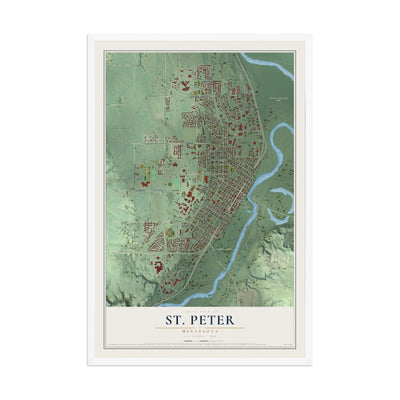 Map of St. Peter, Minnesota, 12 x 18 inch print in a white wood frame