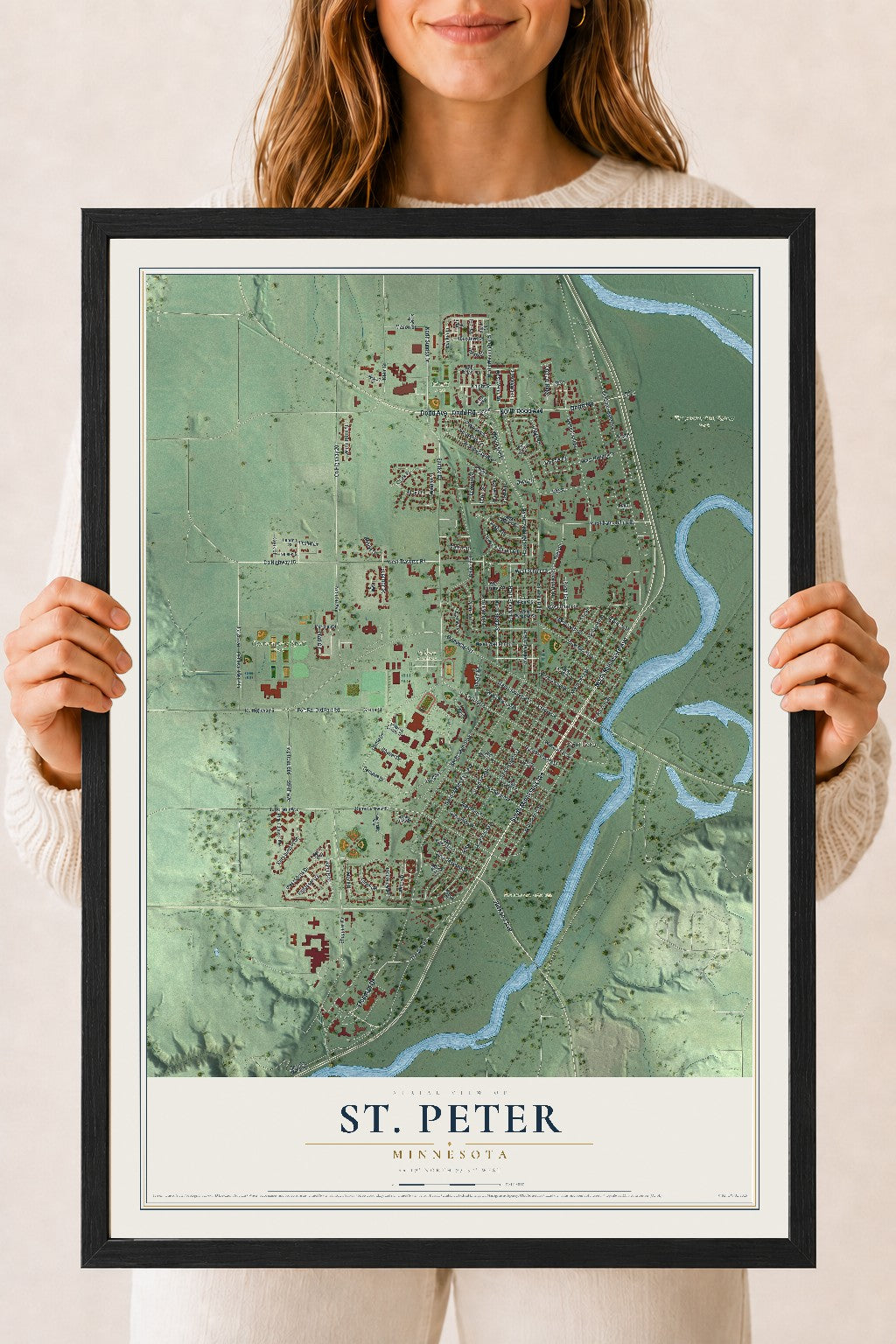 Map of St. Peter, Minnesota, 18 x 24 inch print in a black wood frame