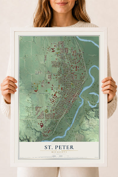 Map of St. Peter, Minnesota, 18 x 24 inch print in a white wood frame