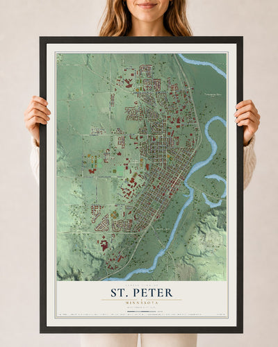 Map of St. Peter, Minnesota, 24 x 36 inch print in a black wood frame