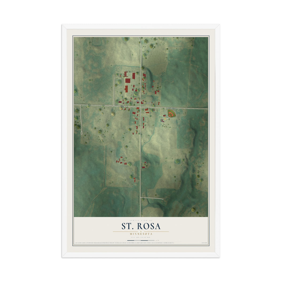 Map of St. Rosa, Minnesota, 12 x 18 inch print in a white wood frame