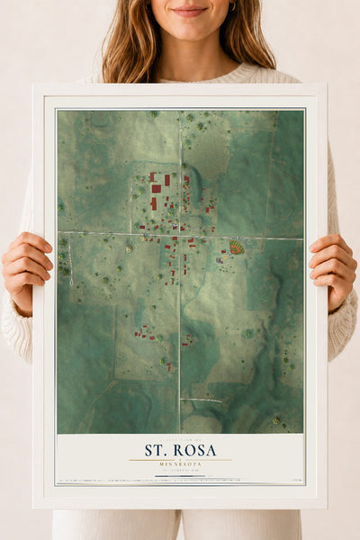 Map of St. Rosa, Minnesota, 18 x 24 inch print in a white wood frame