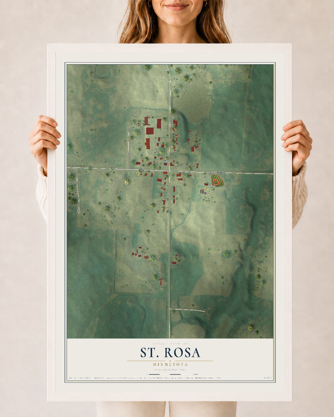 Map of St. Rosa, Minnesota, 24 x 36 inch print in a white wood frame
