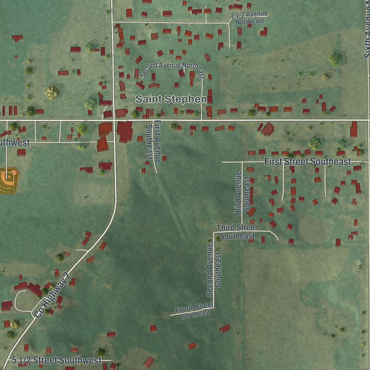 Close-up of the map of St. Stephen, Minnesota print showing street and building detail