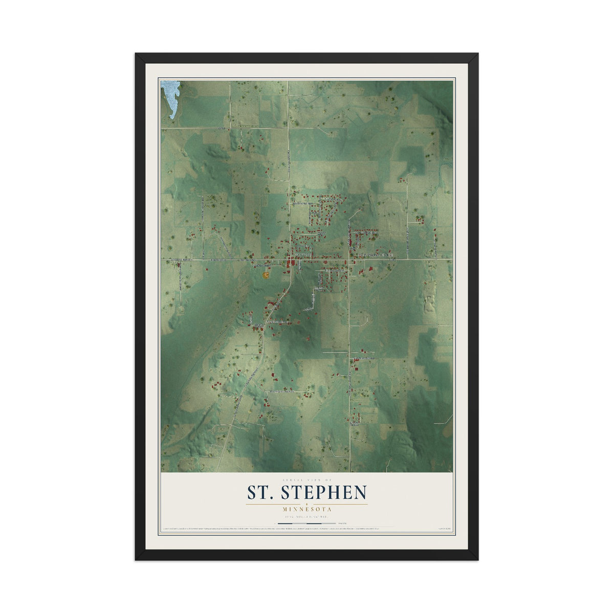 Map of St. Stephen, Minnesota, 12 x 18 inch print in a black wood frame