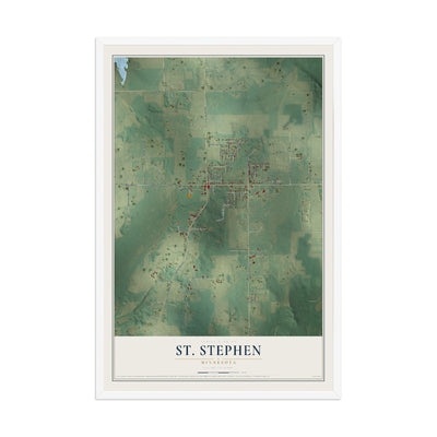 Map of St. Stephen, Minnesota, 12 x 18 inch print in a white wood frame