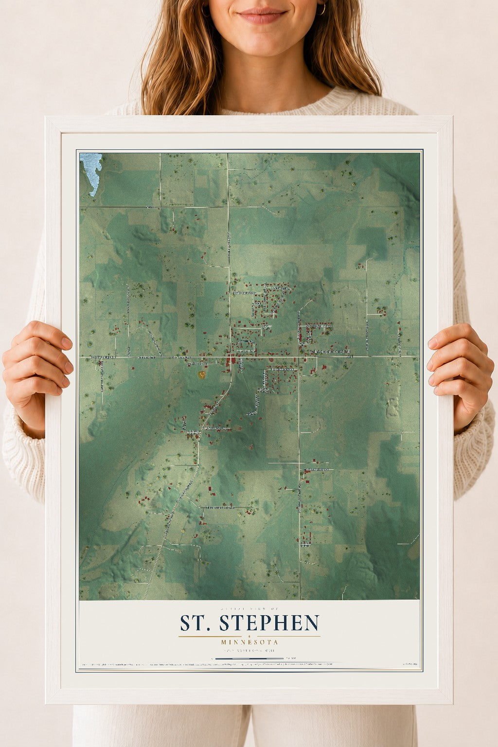 Map of St. Stephen, Minnesota, 18 x 24 inch print in a white wood frame