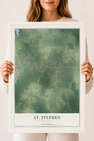 Map of St. Stephen, Minnesota, 18 x 24 inch print in a white wood frame
