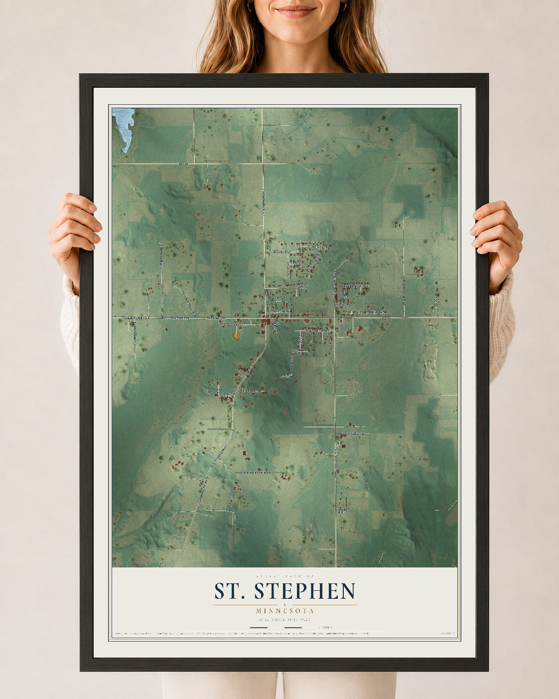 Map of St. Stephen, Minnesota, 24 x 36 inch print in a black wood frame