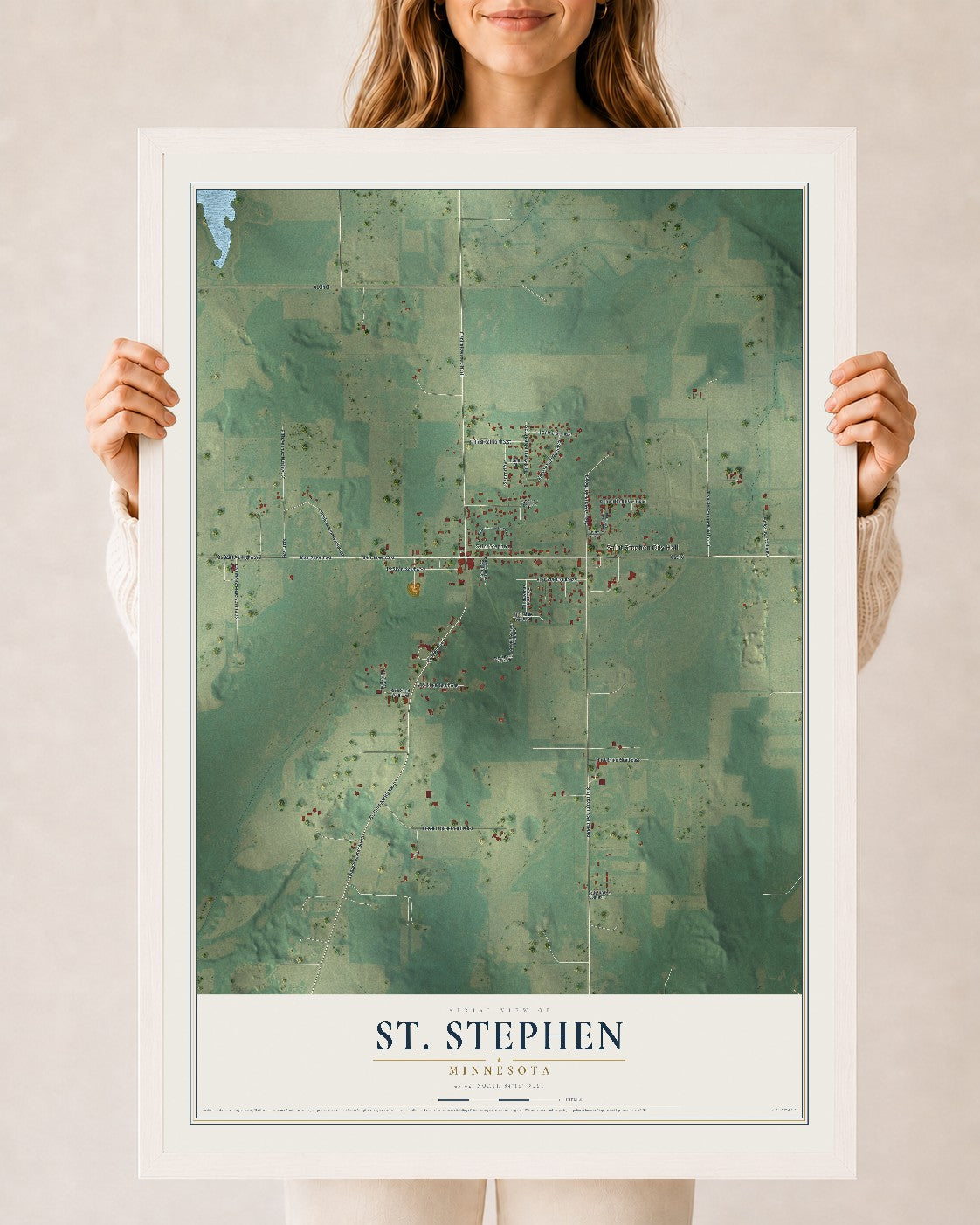 Map of St. Stephen, Minnesota, 24 x 36 inch print in a white wood frame