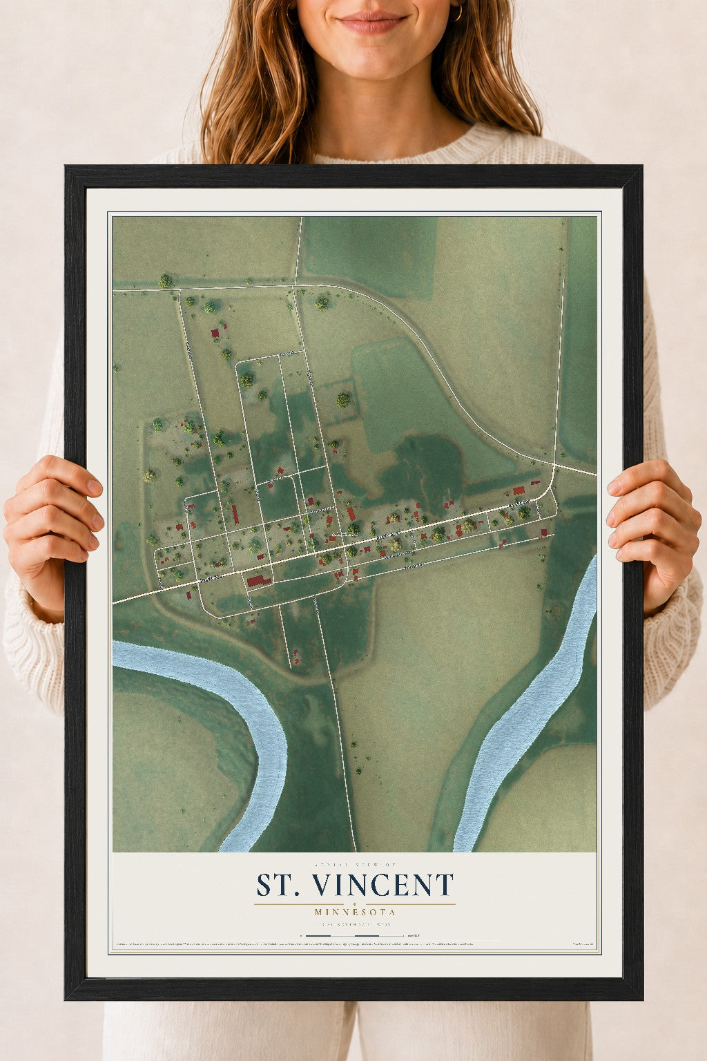 Map of St. Vincent, Minnesota, 18 x 24 inch print in a black wood frame