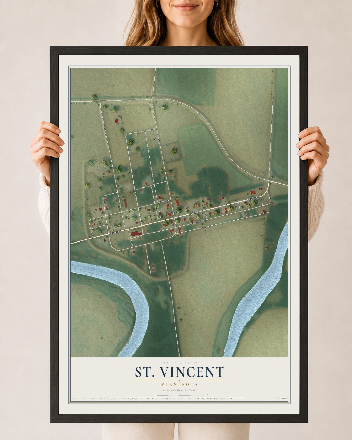 Map of St. Vincent, Minnesota, 24 x 36 inch print in a black wood frame