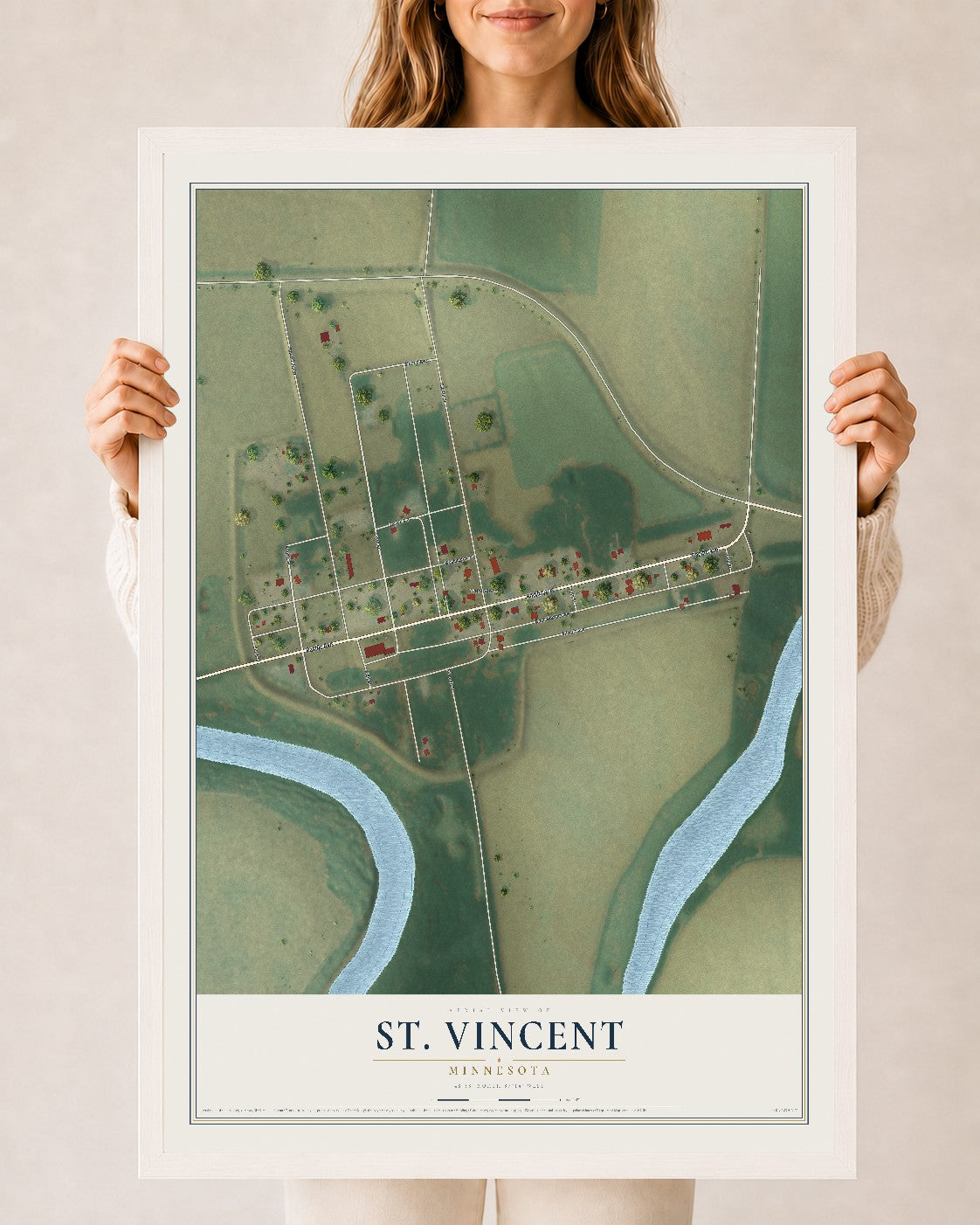 Map of St. Vincent, Minnesota, 24 x 36 inch print in a white wood frame