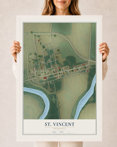 Map of St. Vincent, Minnesota, 24 x 36 inch print in a white wood frame