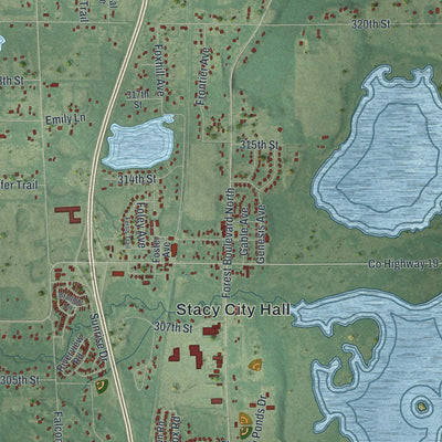 Close-up of the map of Stacy, Minnesota print showing street and building detail