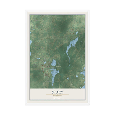 Map of Stacy, Minnesota, 12 x 18 inch print in a white wood frame