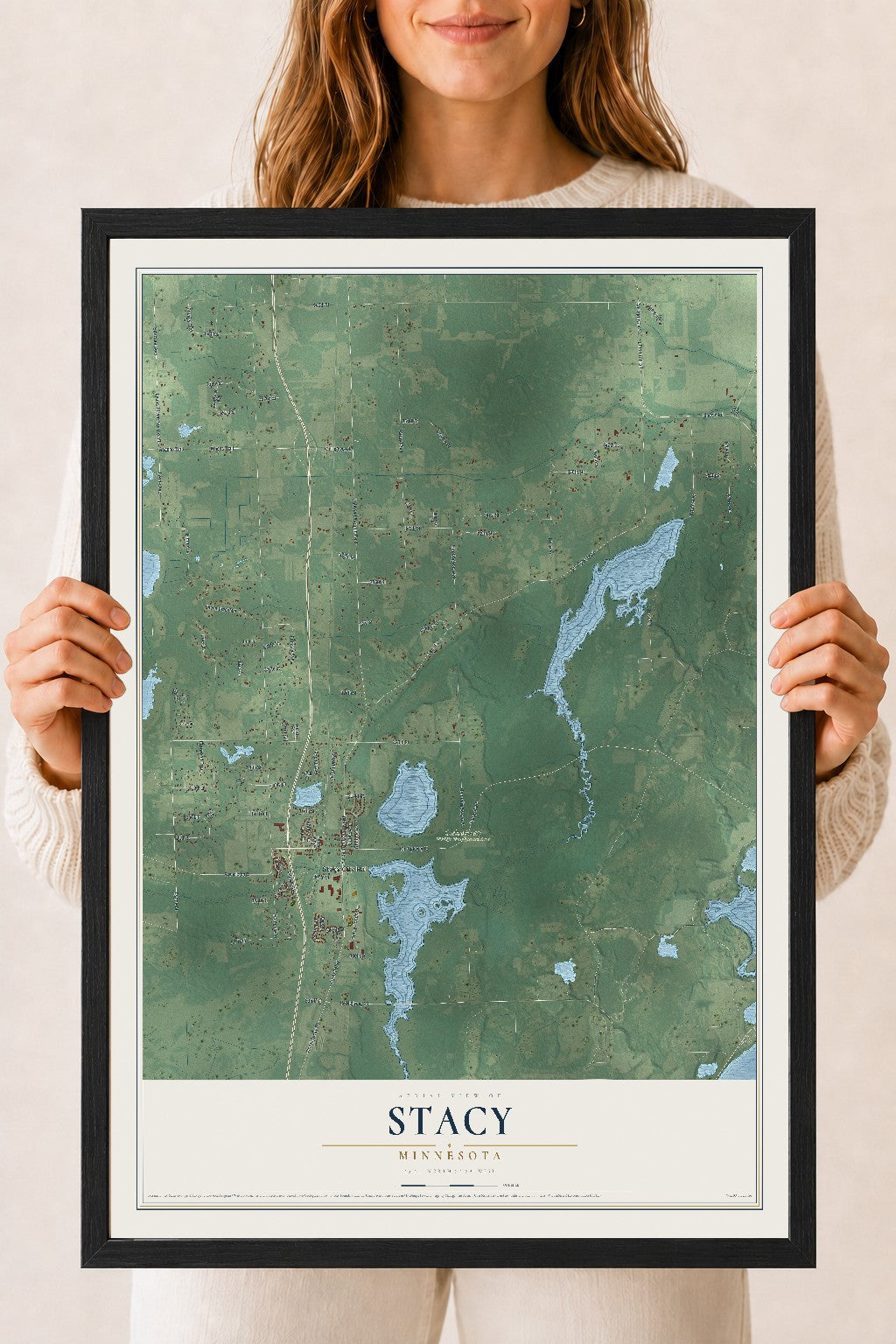 Map of Stacy, Minnesota, 18 x 24 inch print in a black wood frame