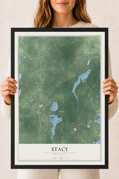 Map of Stacy, Minnesota, 18 x 24 inch print in a black wood frame