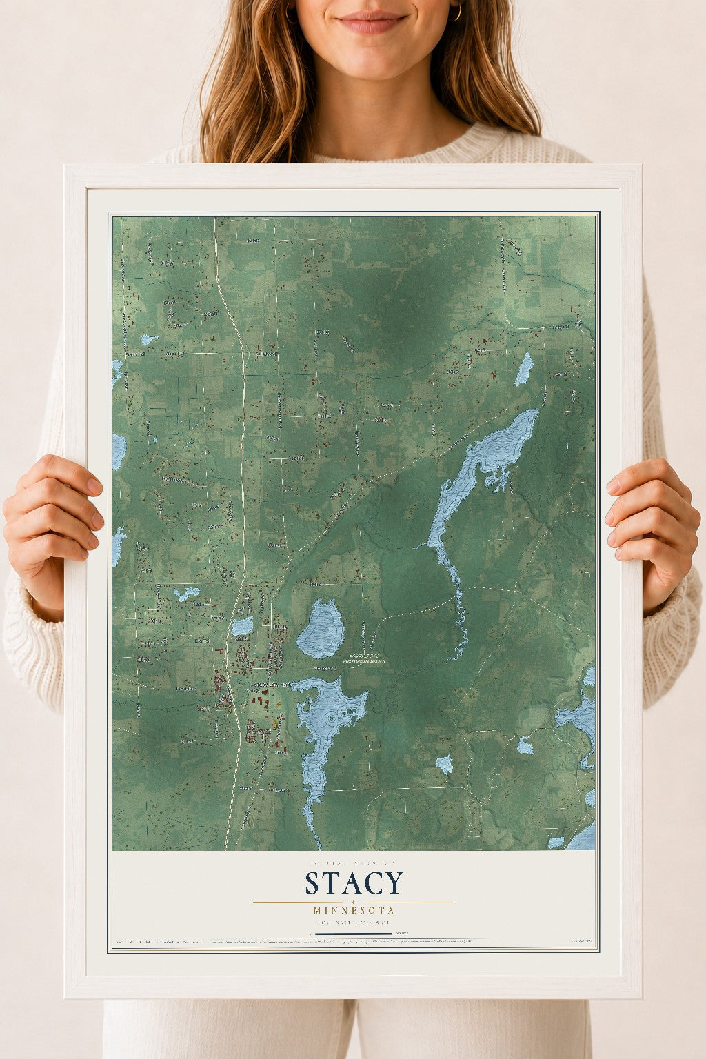 Map of Stacy, Minnesota, 18 x 24 inch print in a white wood frame
