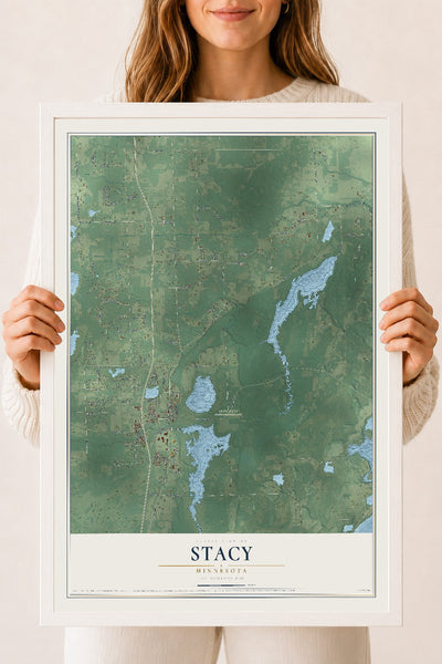 Map of Stacy, Minnesota, 18 x 24 inch print in a white wood frame
