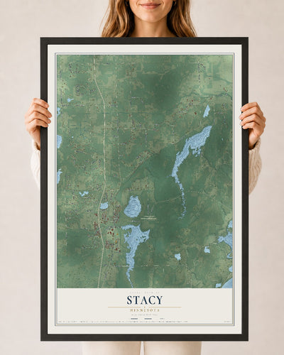 Map of Stacy, Minnesota, 24 x 36 inch print in a black wood frame