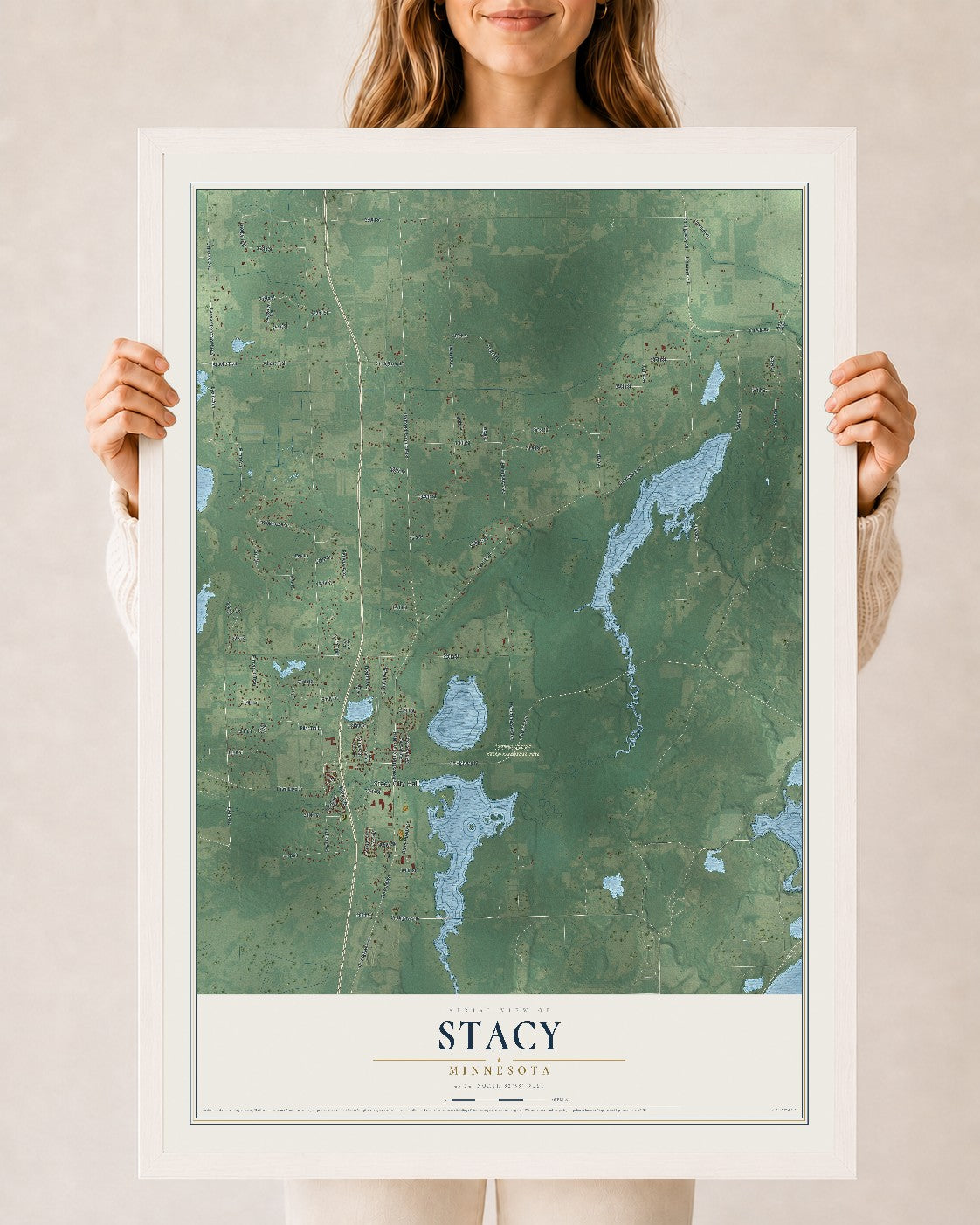 Map of Stacy, Minnesota, 24 x 36 inch print in a white wood frame