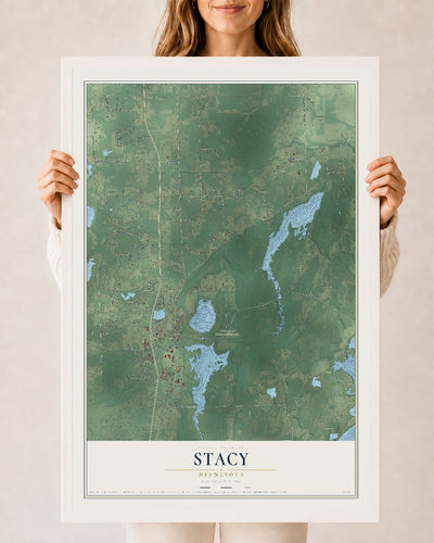 Map of Stacy, Minnesota, 24 x 36 inch print in a white wood frame
