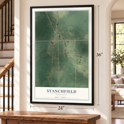 Stanchfield, Minnesota map, 24 x 36 inch print in a black frame by a staircase